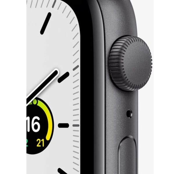 Carcasă Apple Watch SE GPS de 44 mm, gri spațial, din aluminiu, cu bandă sport Midnight (MKQ63)